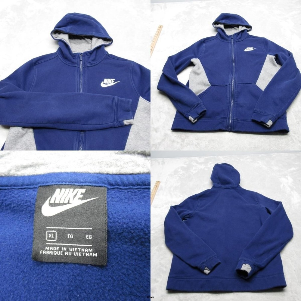 Nike Hoodie Boys XL Blue Gray Colorblock Fleece Full Zip Thumbholes Sweatshirt